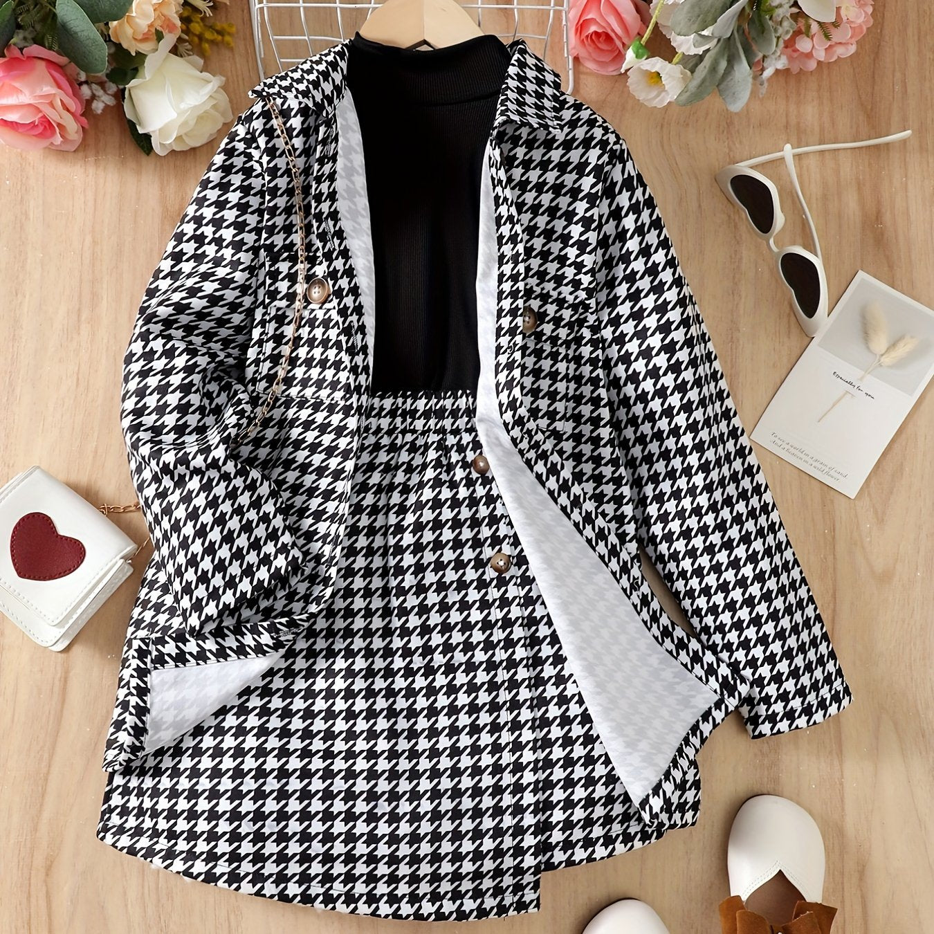 Girls' 3pcs Coat & Turtleneck Top & Skirts Set Houndstooth Print