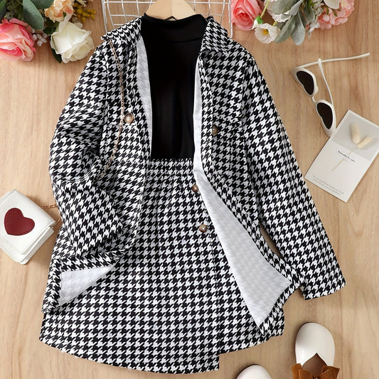 Girls' 3pcs Coat & Turtleneck Top & Skirts Set Houndstooth Print