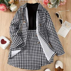 Girls' 3pcs Coat & Turtleneck Top & Skirts Set Houndstooth Print