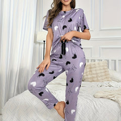 Heart Print Pajama Set Short Sleeve Crew Neck Top & Elastic Waistband Pants