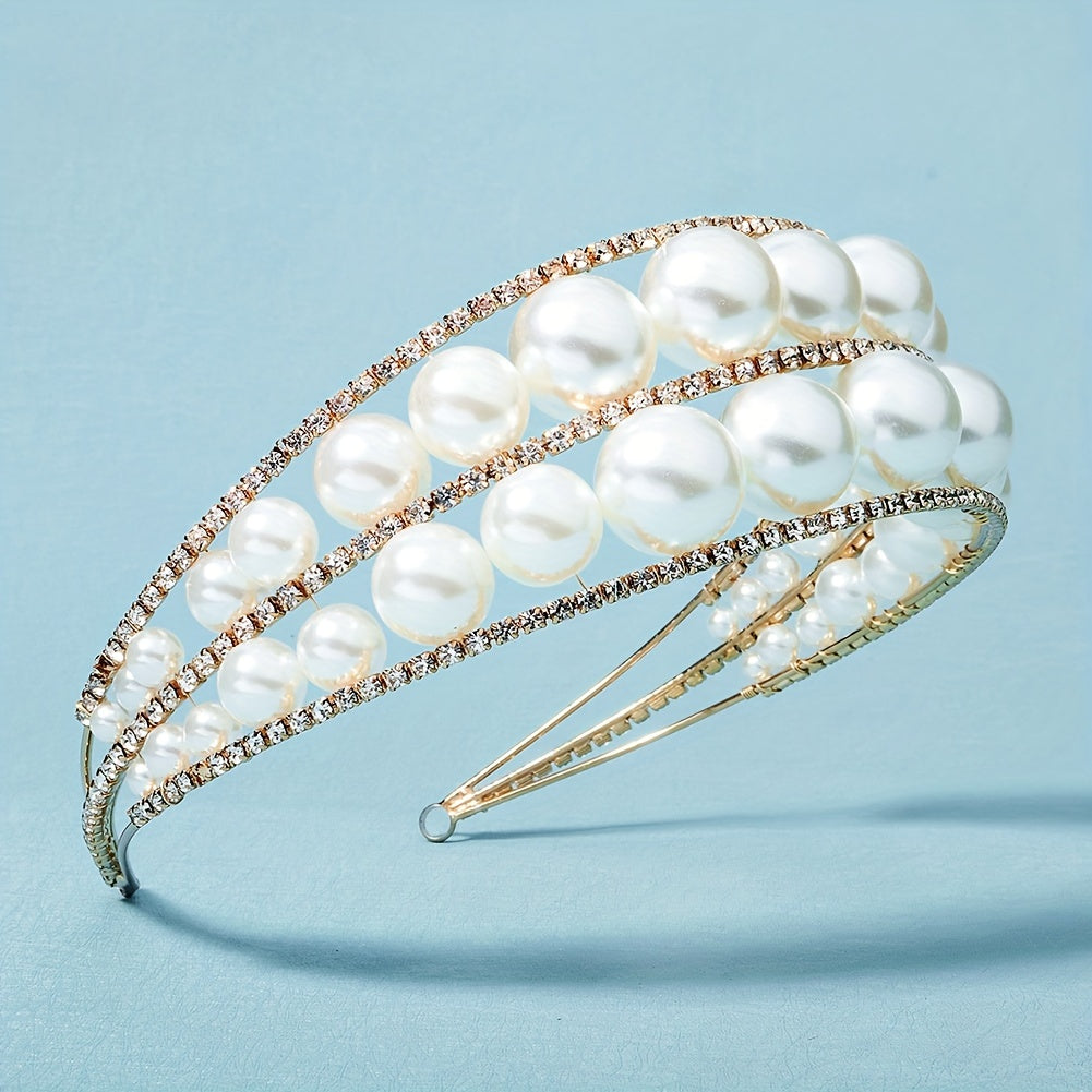 Wide Brim Headband Rhinestone Bride Crown Set 2 Tiers Pearl Hair Band