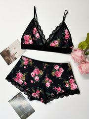 Floral Print Pajama Set Deep V Crop Cami Top & Lace Trim Shorts