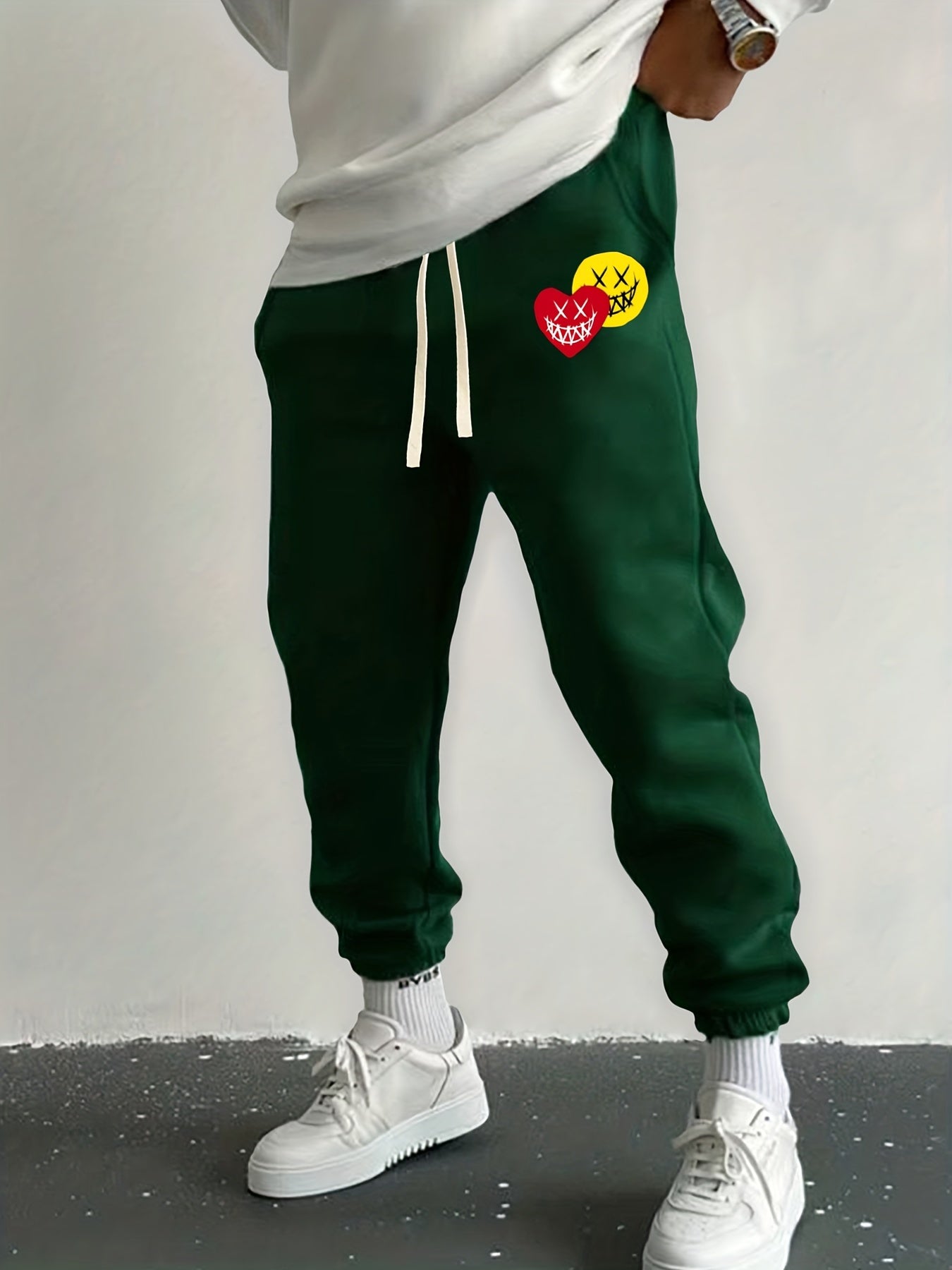 Love Heart & Smile Face Print Drawstring Sweatpants Loose Fit Pants Men's Casual