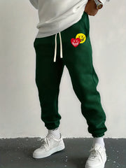 Love Heart & Smile Face Print Drawstring Sweatpants Loose Fit Pants Men's Casual