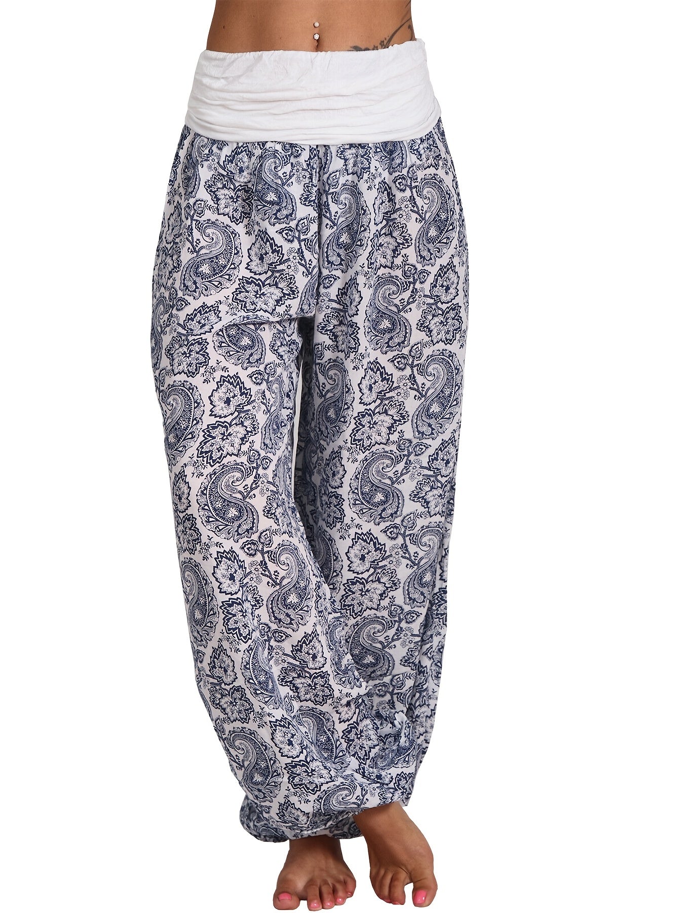 Boho Paisley Floral Print Harem Pants Elastic Waist Spring Summer