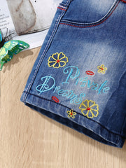 Girls' Letter Embroidered Denim Shorts - Street Outwear