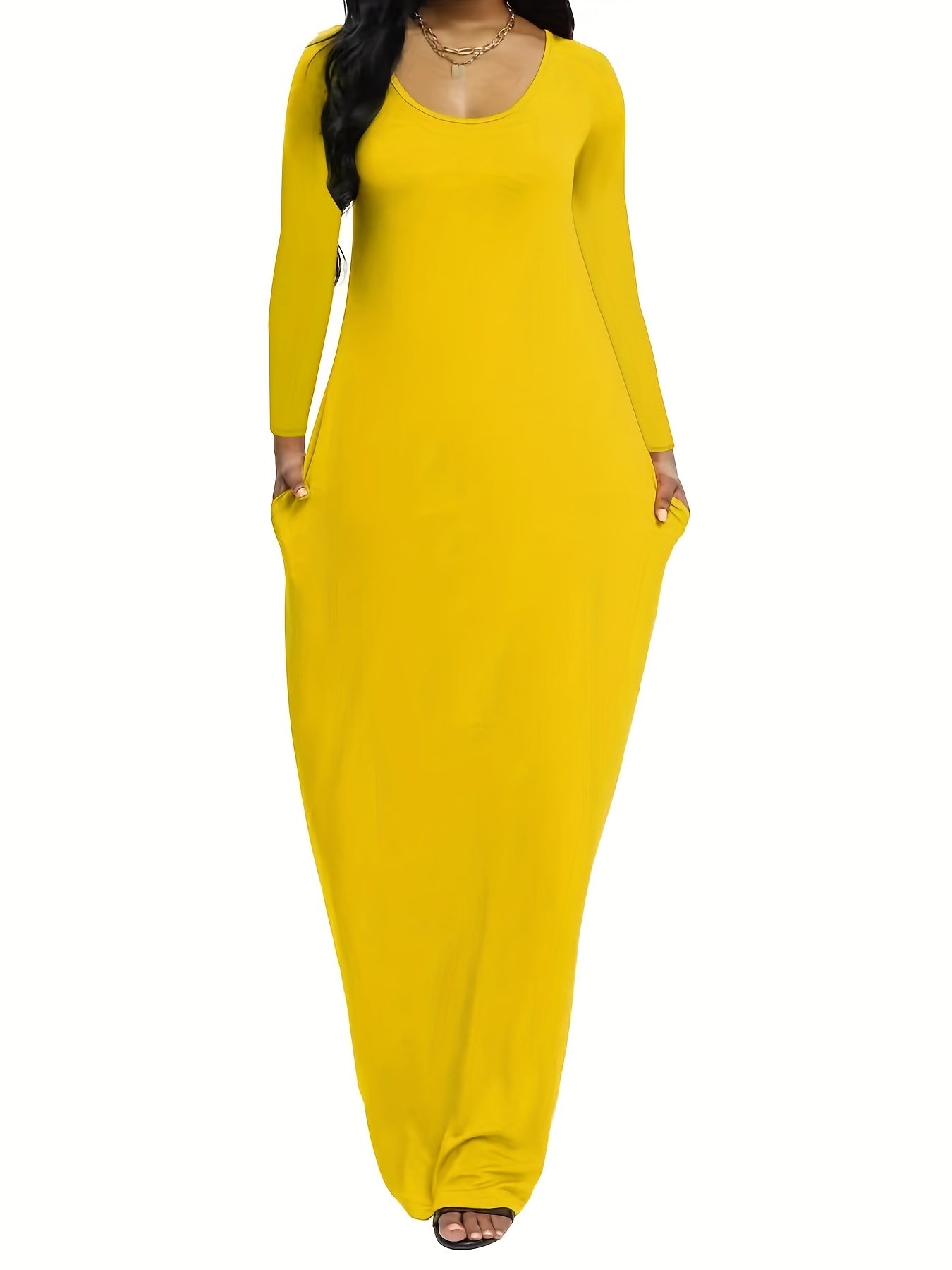 Solid Long Sleeve Maxi Dress With Pockets
