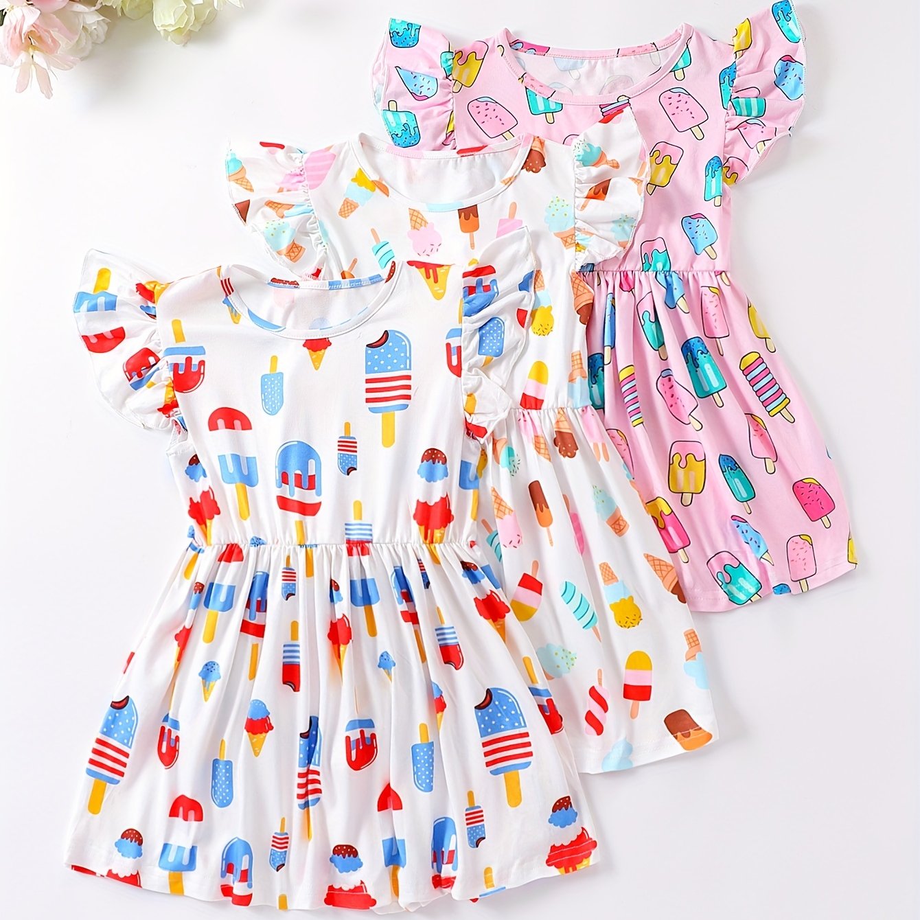Girls Ice Cream Farm Chicks Print Ruffle Party Dress