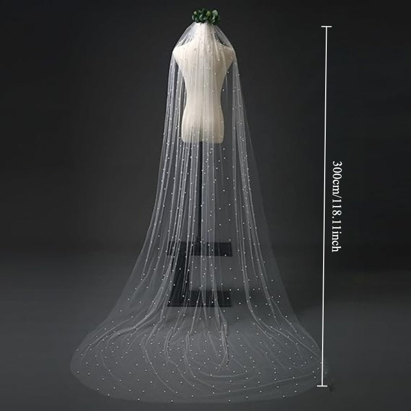 Tulle Bridal Veil with Beads Long Train for Weddings & Events