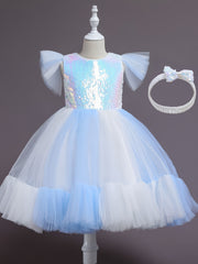 Girls Ruffled Sleeves Puffy Princess Dress Sequin Block Tulle Tutu Dress