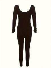 Long Sleeve Ribbed Jumpsuit Solid Round Neck Yoga Sports Bodysuit