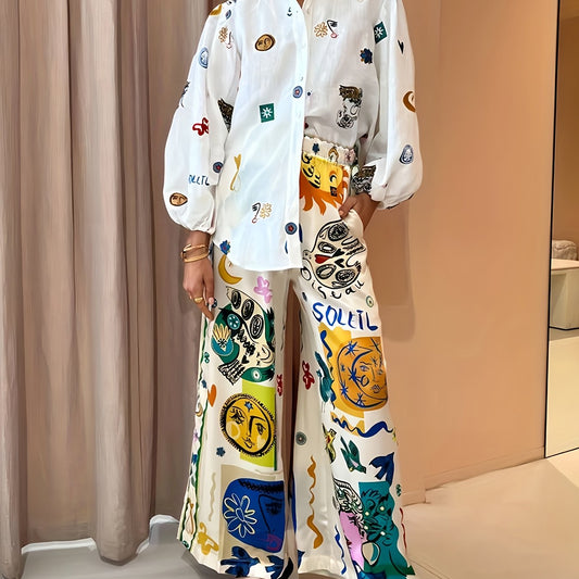 Graffiti Print Shirt & Pants Set Women's Y2K Outfit