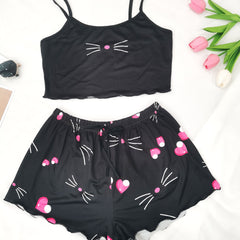 Cat Print Pajama Set Cami Top & Shorts