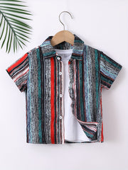 Block Print Boys Shirt Casual Short Sleeve Button Down Lapel Shirt Boys