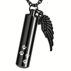 Cylinder Cremation Urn Necklace For Ashes With Angel Wing