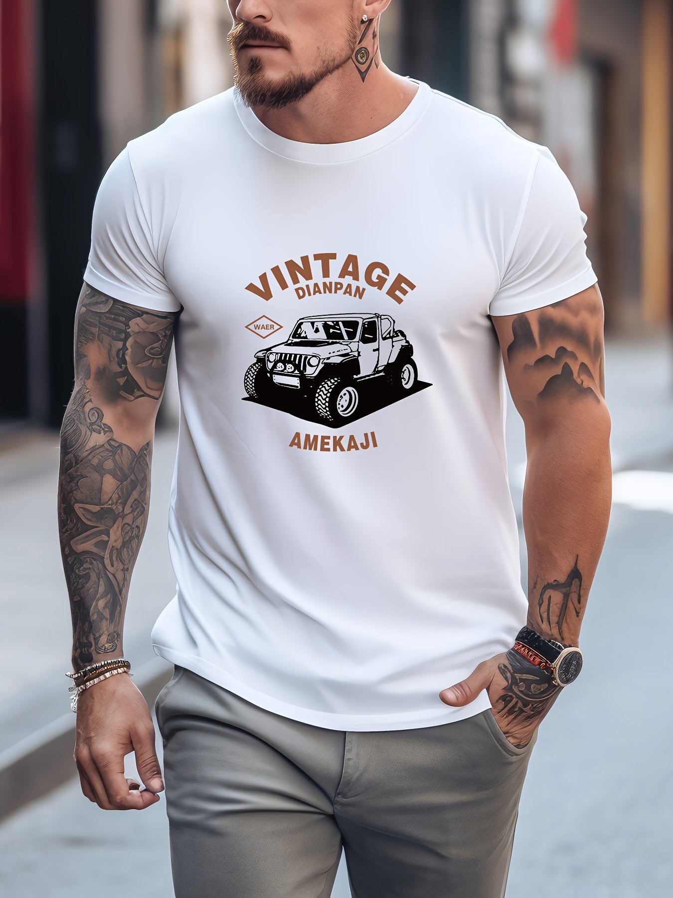 Car & Various Pattern Print Men's Comfy T shirt Graphic Tee