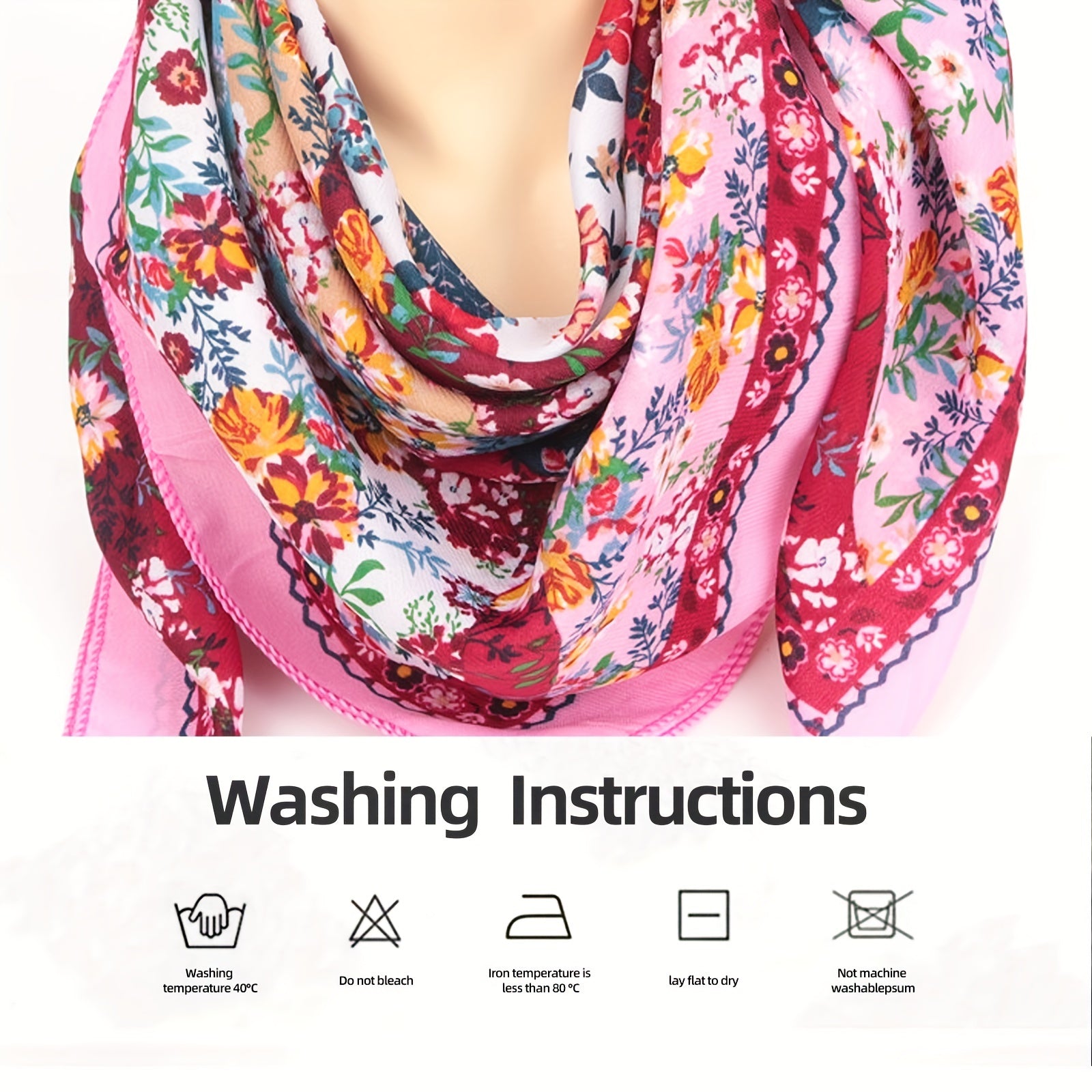 Boho Floral Print Square Scarf Pink Silk Bandana Head Wrap
