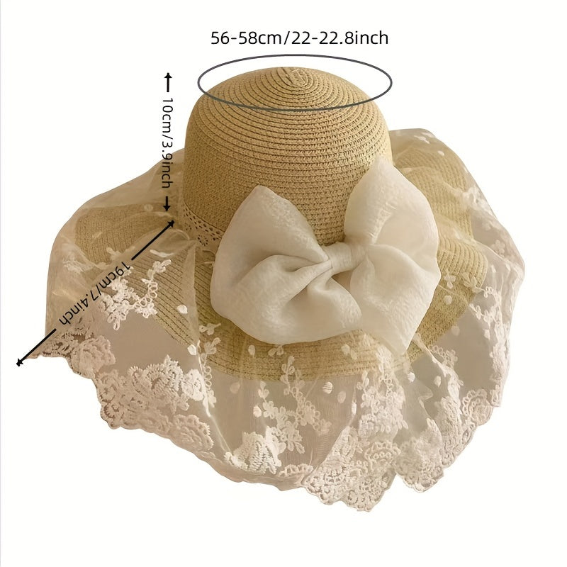 French Style Sun Hat Lace Bowknot Wide Brim Straw Hat Classic UV Protection