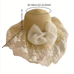 French Style Sun Hat Lace Bowknot Wide Brim Straw Hat Classic UV Protection