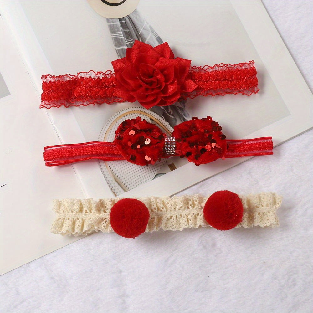 3pcs Baby Girls Lace Headband with Flower Bow Decoration Hair Accessories