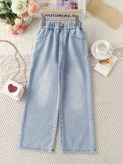 Girls Light Washed Casual Jeans Straight Leg Elastic Waist Denim Pants