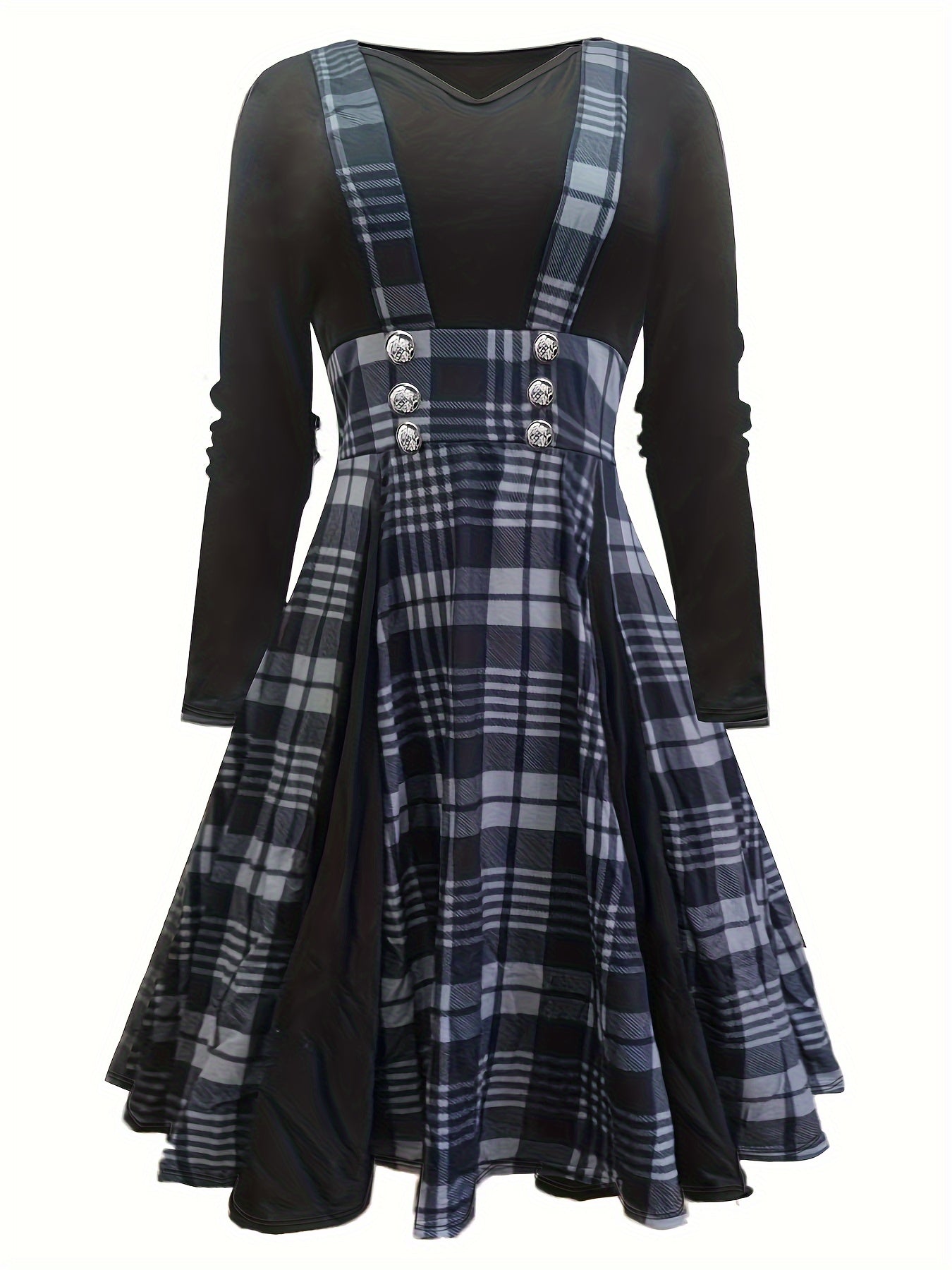 Retro Dress Women's Plus Plaid Long Sleeve V Neck Dress