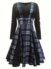 Retro Dress Women's Plus Plaid Long Sleeve V Neck Dress