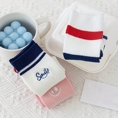 3 Pairs Striped Socks, Smiling Print, Comfy & Breathable, Mid Tube Stockings