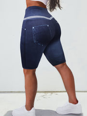 Denim Print Plus Size Tummy Control Biker Shorts
