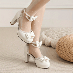 Women's Platform High Heels Bowknot Lace Faux Pearl Ankle Strap Chunky Heels