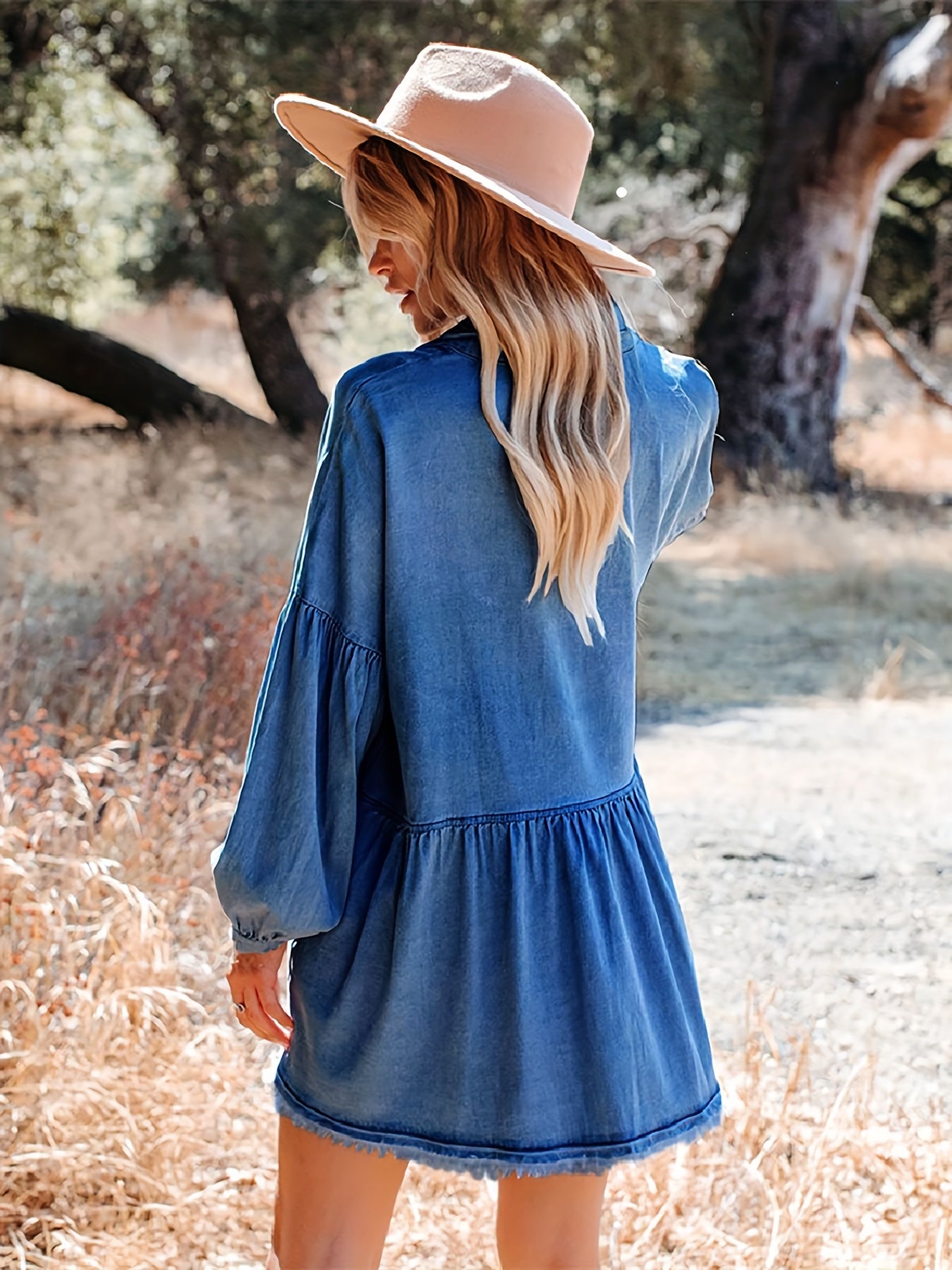 Denim Dress Button Up Collar Lantern Sleeve Loose Fit Mini
