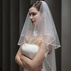 Beaded Floral Veil Soft Nylon Bridal Gown Accessory with Lace Detailing