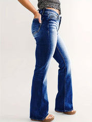 High Stretch Flared Jeans Wide Legs Slash Pockets Bell Bottom Denim Pants