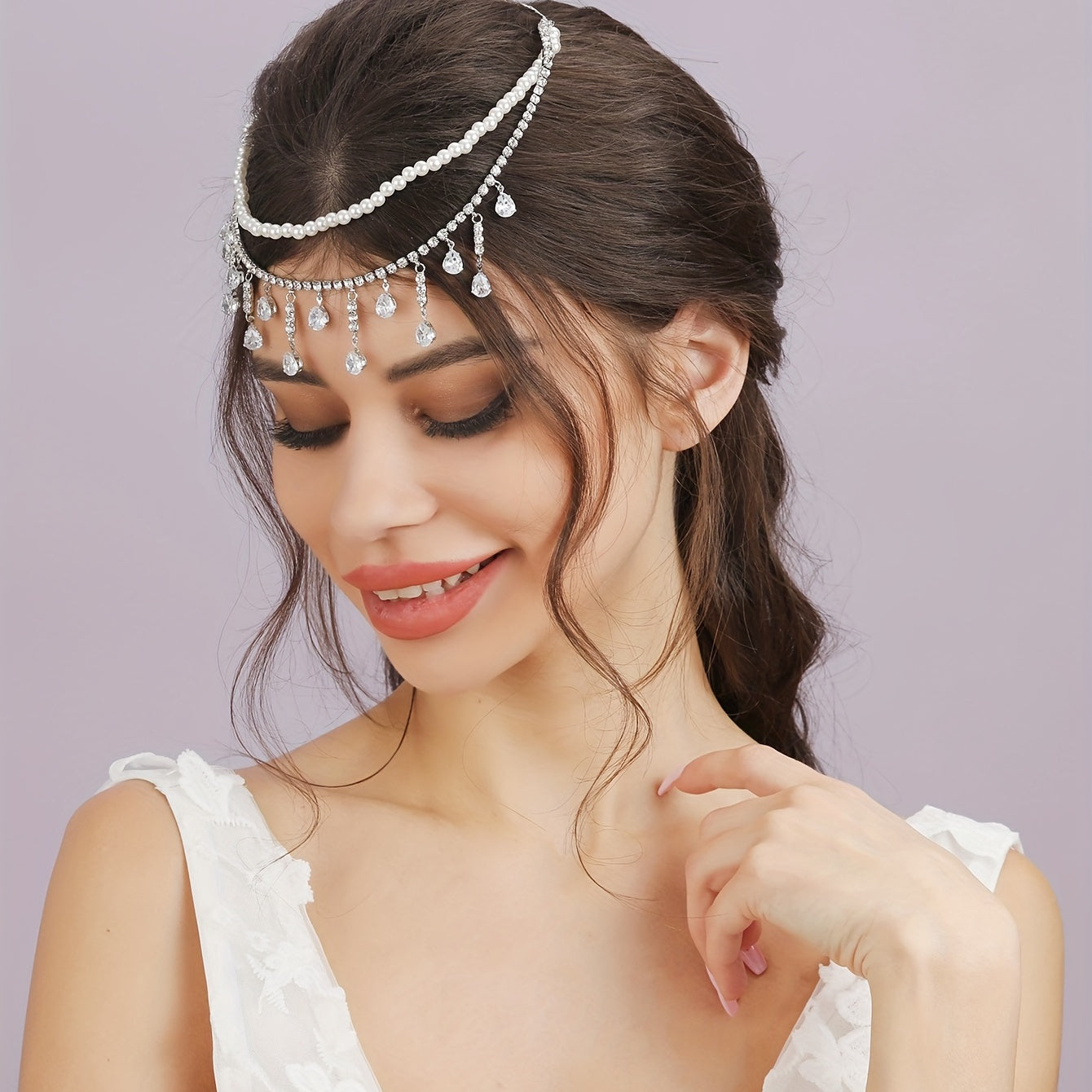 Bridal Zircon Faux Pearl Headband Rhinestone Pendant Tassel Hair Accessory