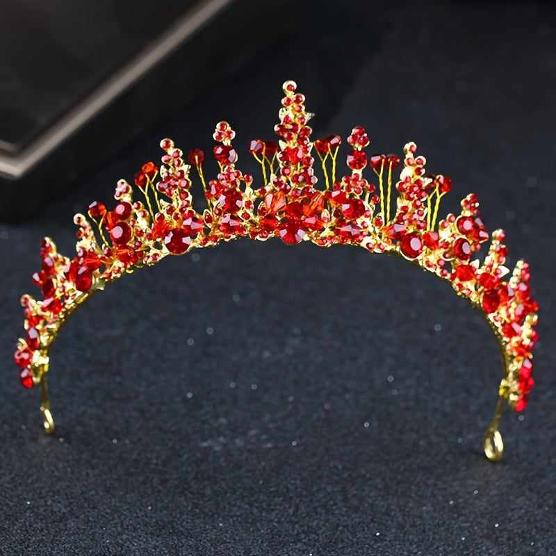 Red Crystal Crown Beaded Headdress Bridal Jewelry