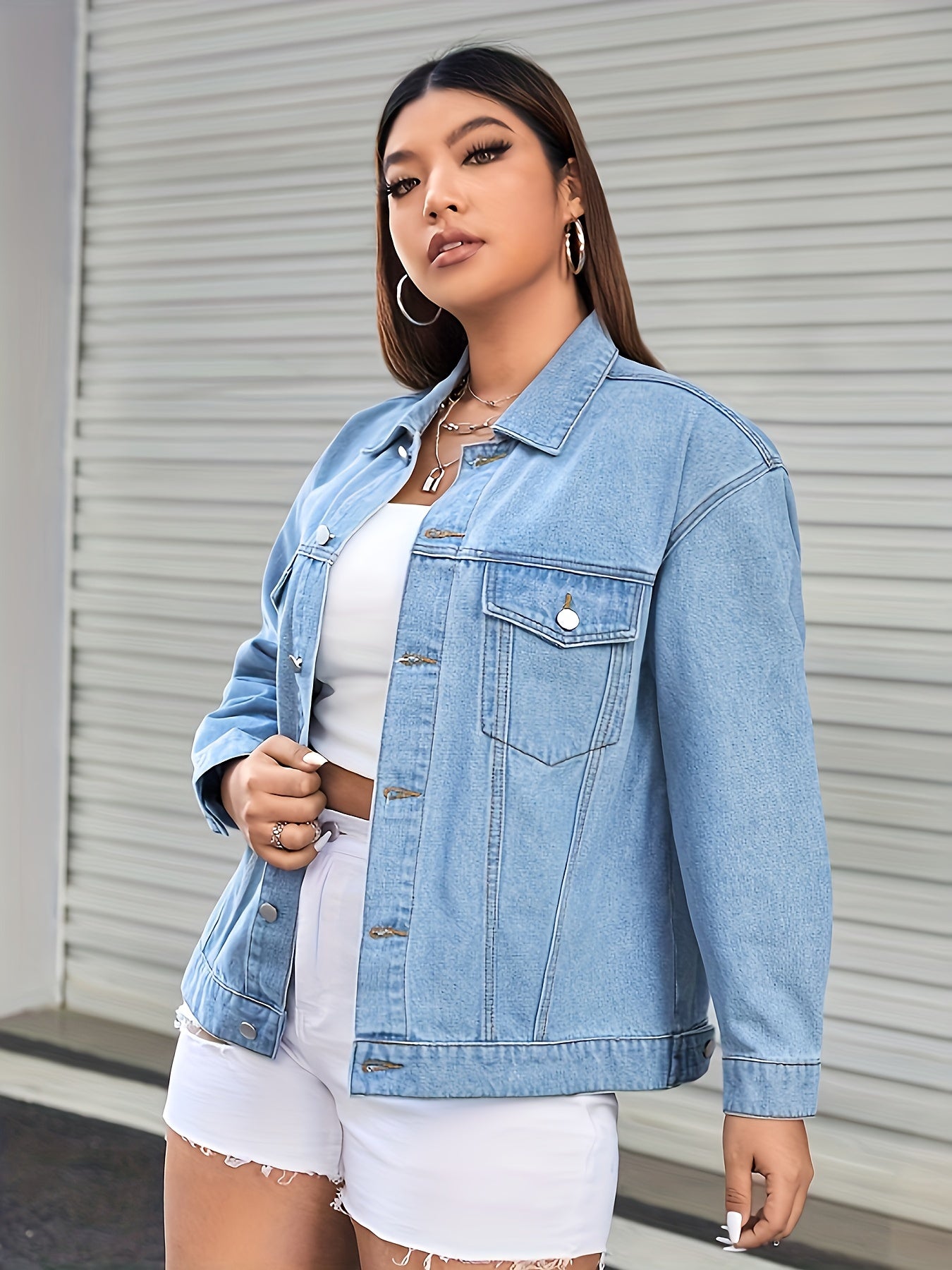 Casual Denim Jacket Women's Long Sleeve Lapel Collar Denim Jacket