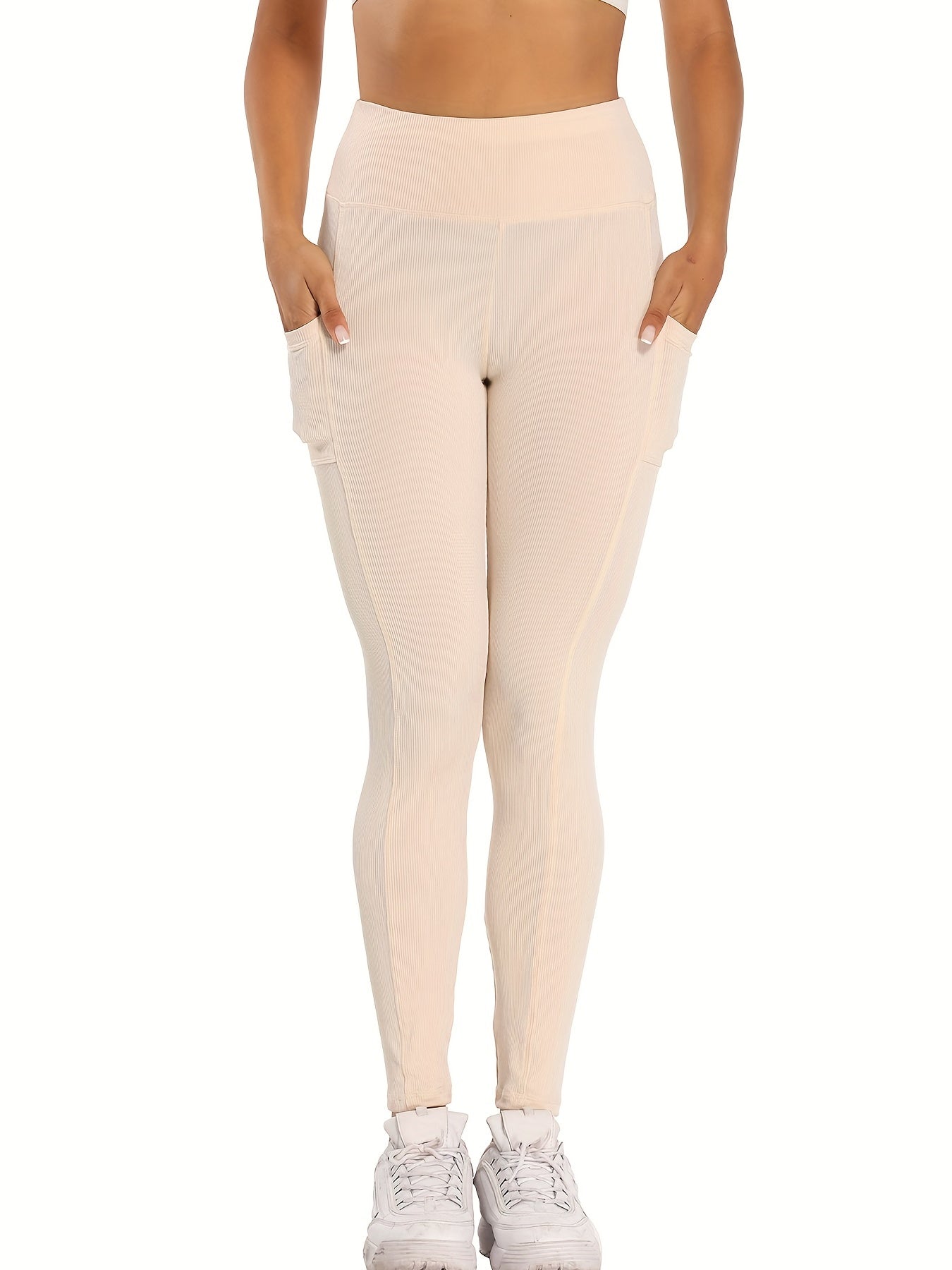 High Waist Yoga Leggings With Pocket Ribbed Knitting Crop Pants