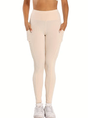 High Waist Yoga Leggings With Pocket Ribbed Knitting Crop Pants