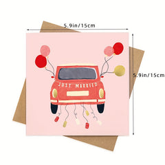 Foil Red Car Just Married Wedding Greeting Card - Newly Weds or Bride and Groom