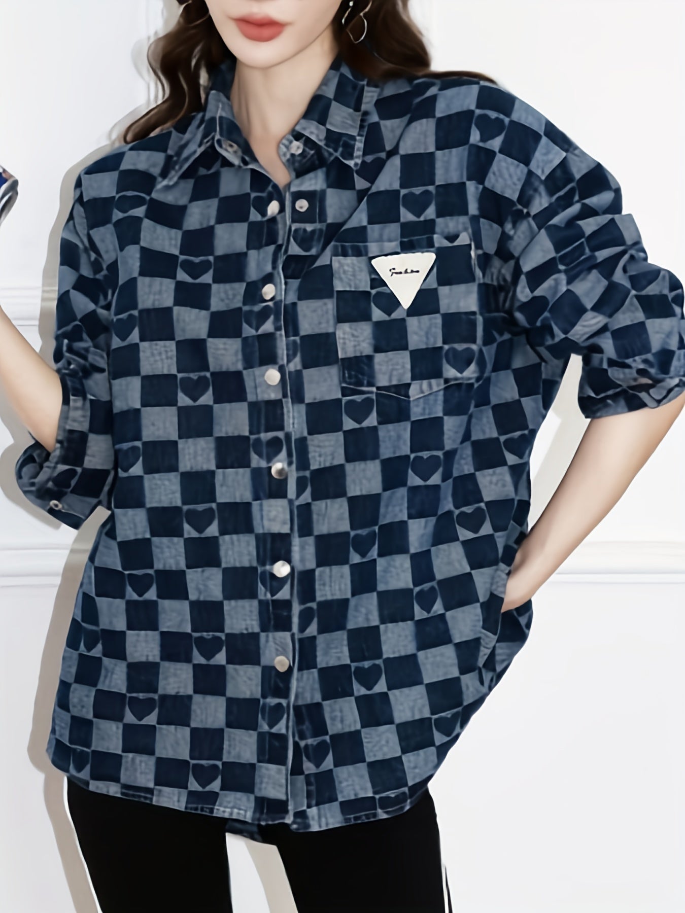 Checkerboard Print Denim Jackets Loose Fit Heart Pattern Denim Coats Women's