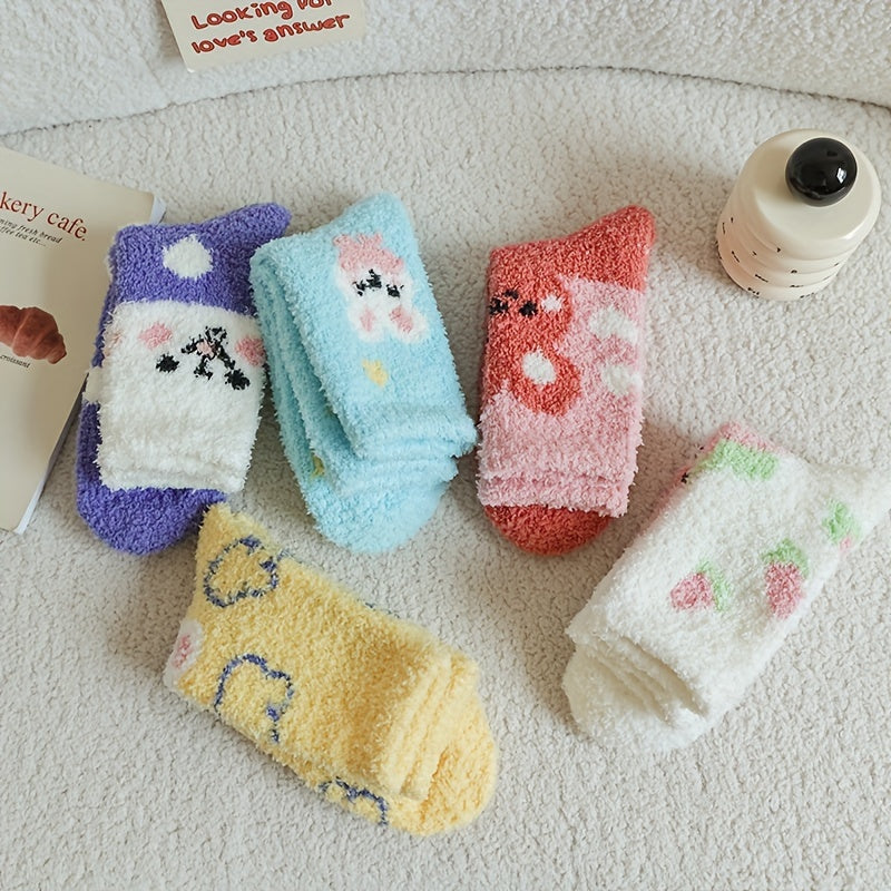 5 Pairs Bunny Print Socks Comfy & Fuzzy Women's Stockings