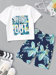 Boys Tropical Leaf & STAND OUT Graphic Print T-shirt & Shorts Set