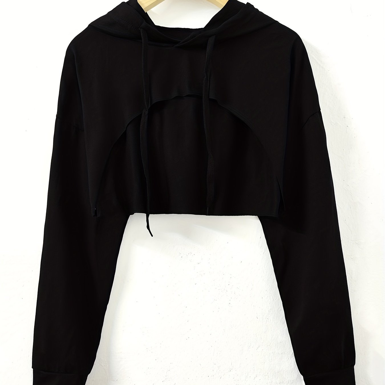 Y2K Solid Drawstring Crop Hoodie Loose Hooded Long Sleeve Crop Sweatshirt