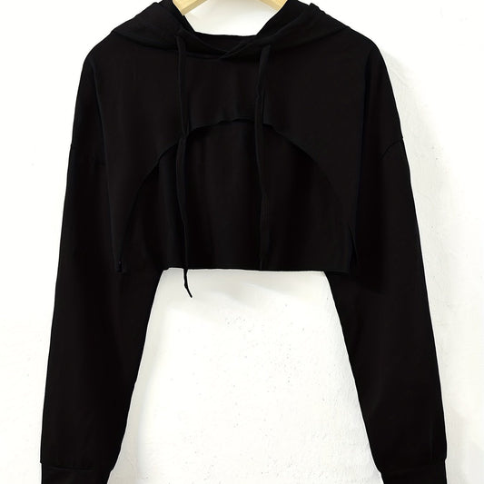 Y2K Solid Drawstring Crop Hoodie Loose Hooded Long Sleeve Crop Sweatshirt