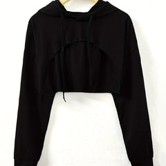 Y2K Solid Drawstring Crop Hoodie Loose Hooded Long Sleeve Crop Sweatshirt