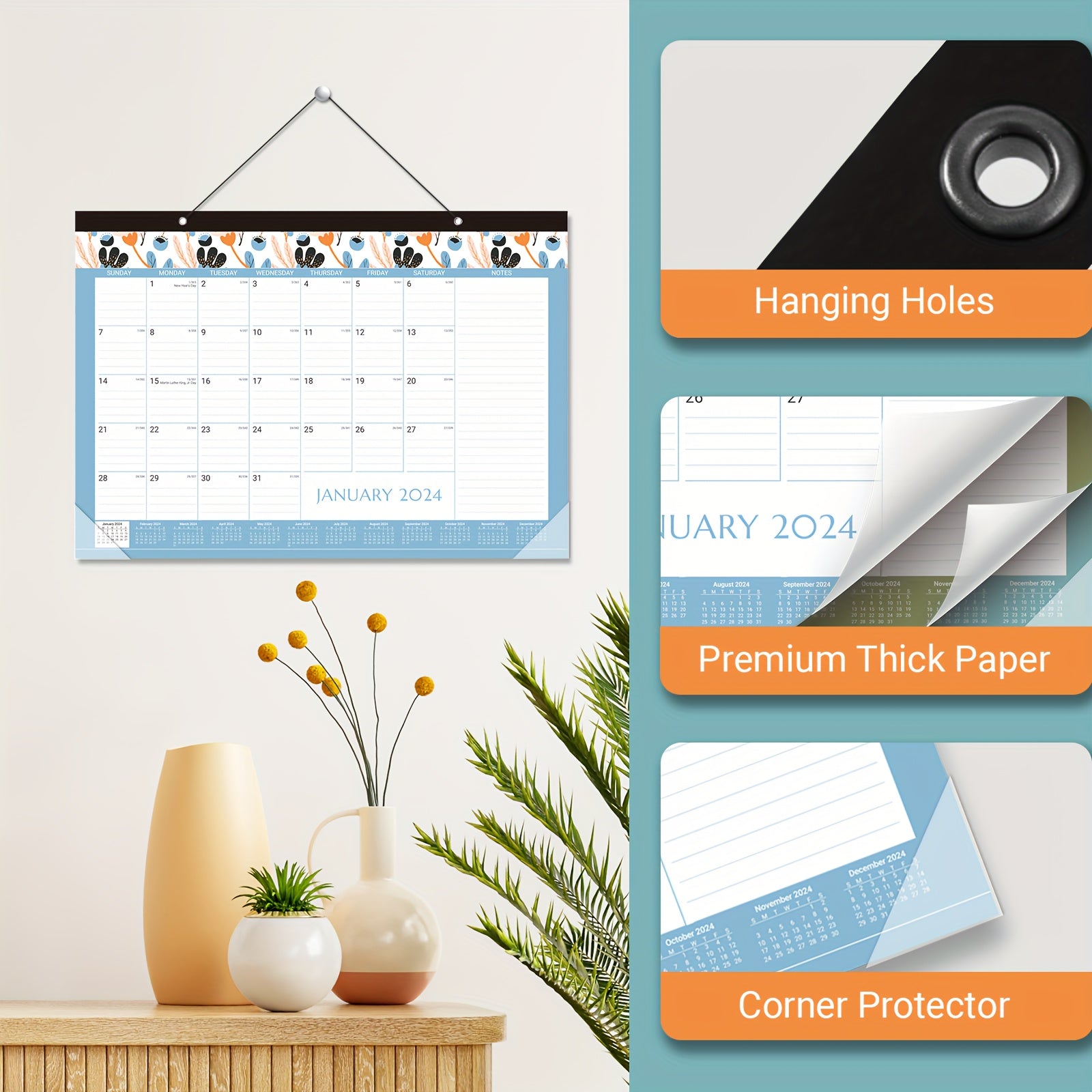 2022 Monthly Wall Calendar 12-Month Jan - Dec 43x30 Twin Wire Hanging Hook