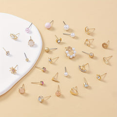 30 Pairs Faux Pearl Leaf Moon Pattern Zircon Earrings Set for Women Girls