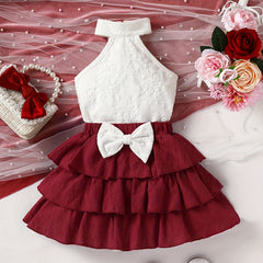 2pcs Baby Girls Lace Halter Top & Bowknot Skirt Set