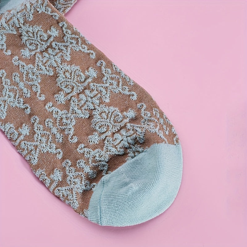 Floral Print Crew Socks Ethnic Embroidery Mid Tube Stockings