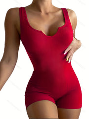 Knitted Unitard Tank Romper Solid V neck Stretchy Romper